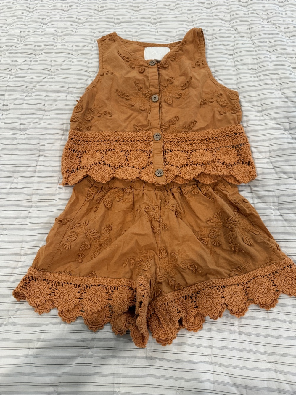 Zara Rust Brown Crochet-Trim Embroidered Shorts Set
